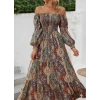 Kadın Düşük Omuzlu Beli Büzgülü Dijital Desenli Kesik Elyaf Süprem Uzun Elbise