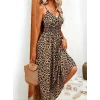 Kadın Ip Askılı Kruvazeli Yakalı Beli Lastikli Leopar Desenli Uzun Süprem Elbise
