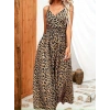 Kadın Ip Askılı Kruvazeli Yakalı Beli Lastikli Leopar Desenli Uzun Süprem Elbise