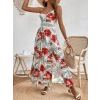 Kadın Ip Askılı V Yakalı Bel Güpür çiçek Desenli Yandan Yırtmaçlı Maksi Süprem Elbise
