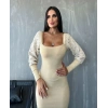 Kadın Kare Yaka Kolları Manşet Ve Tül Detay Fırsat ürün Midi Boy Elbise