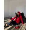 Kadın Kırmızı Kapşonlu Etek Ucu Detay Arma Ters Dikiş Gorunumlu Ikili Takım
