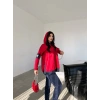 Kadın Kırmızı Kapşonlu Etek Ucu Detay Arma Ters Dikiş Gorunumlu Ikili Takım