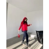 Kadın Kırmızı Kapşonlu Etek Ucu Detay Arma Ters Dikiş Gorunumlu Ikili Takım