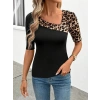 Kadın Kısa Kollu Asimetrik Kesim V Detaylı Leopar Desenli Viskon Bluz