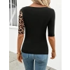 Kadın Kısa Kollu Asimetrik Kesim V Detaylı Leopar Desenli Viskon Bluz