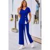 Kadın Kısa Kollu Asimetrik V Yakalı Yandan Düğmeli Janjankrep Bluz Ve Pantolon Ikili Takım