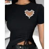 Kadın Kısa Kollu Bisiklet Yaka Kalp Taş Detaylı Viskon Bluz