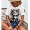 Kadın Kısa Kollu Bisiklet Yaka Kedi Baskılı Süprem Bluz