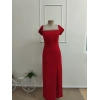 Kadın Kısa Kollu Kare Yakalı Sim Detaylı Arkadan Bağcıklı Yırtmaçlı Uzun Ithal Krep Elbise