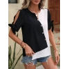 Kadın Kısa Kollu Kollardan Bağlamalı önden Asimetrik Kesim çift Renk Detaylı Düğmeli Ithal Krep Bluz