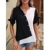Kadın Kısa Kollu Kollardan Bağlamalı önden Asimetrik Kesim çift Renk Detaylı Düğmeli Ithal Krep Bluz