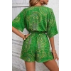 Kadın Kısa Kollu Kruvaze Yakalı Belden Kuşaklı Desenli Kısa Süprem Tulum