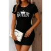 Kadın Kısa Kollu Queen Baskı Iki Iplik Mini Elbise