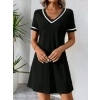 Kadın Kısa Kollu V çizgili Yakalı Kısa Viskon Elbise
