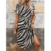 Kadın Kısa Kollu V Hakim Yakalı Zebra Desenli Midi Süprem Elbise