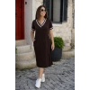 Kadın Kısa Kollu V Yaka Ve Yaka Ribana Detay Midiboy Viskon Elbise