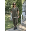 Kadın Kısa Kollu V Yakalı Iki Iplik Bluz Ve Pantolon Ikili Takım