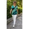 Kadın Kısa Kollu V Yakalı önden Düğmeli Baskılı Süprem Bluz