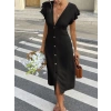 Kadın Kısa Kollu V Yakalı önden Düğmeli Bürümcük Midi Elbise