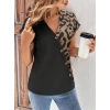 Kadın Kısa Kollu V Yakalı önden Düğmeli Leopar Desen Detaylı Viskon Bluz