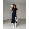 Kadın Kısa Kollu Yakadan Ve Etekten Fermuarlı Midi Viskon Iki Iplik Elbise