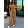 Kadın Kısa Kollu Yakalı önden Düğmeli Belden Bağcıklı Aerobin Bluz Ve Pantolon Ikili Takım