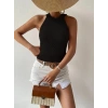 Kadın Kolsuz Halter Yaka Mini Baklava Desenli Triko Bluz