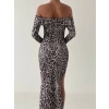 Kadın Madonna Yaka Dalgıç Kumaş Leopar Desen Maxi Boy Derin Yırtmaçlı Elbise