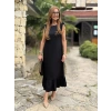 Kadın Omuzlardan Büzgülü Kayık Yaka Fırfırlı Janjan Krep Elbise