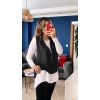 Kadın Uzun Kol Asimetrik Kesim Viskon Bluz Ve çatlak Deri Görünümlü Fermuar Detaylı Yelek Ikili Takım
