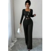 Kadın Uzun Kol Kare Yaka Asimetrik Düğme Detay Bluz Ve Yüksek Bel Pantolon Ikili Takım