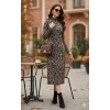 Kadın Uzun Kollu Balıkçı Yaka Leopar Desenli Midi Boy Elbise