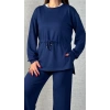 Kadın Uzun Kollu Bisiklet Yaka Belden Büzgülü Bağcıklı Viskon Iki Iplik Bluz Ve Pantolon Ikili Takım