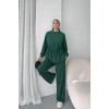Kadın Uzun Kollu Bisiklet Yaka Belden Büzgülü Bağcıklı Viskon Iki Iplik Bluz Ve Pantolon Ikili Takım