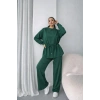 Kadın Uzun Kollu Bisiklet Yaka Belden Büzgülü Bağcıklı Viskon Iki Iplik Bluz Ve Pantolon Ikili Takım