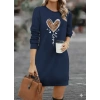 Kadın Uzun Kollu Bisiklet Yaka Kalp Desenli Kısa Viskon Elbise