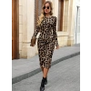 Kadın Uzun Kollu Bisiklet Yaka Leopar Desenli Modal Midi Elbise