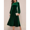 Kadın Uzun Kollu Bisiklet Yaka Midi Kadife Elbise