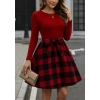 Kadın Uzun Kollu Bisiklet Yaka üst Viskon Alt Ekose Kısa Elbise