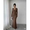 Kadın Uzun Kollu Derin V Yaka Inci Detay Maxi Boy Elbise