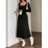 Kadın Uzun Kollu Kare Yaka Midi Kaşkorse Elbise