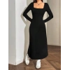 Kadın Uzun Kollu Kare Yaka Midi Kaşkorse Elbise