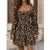 Kadın Uzun Kollu Kare Yakalı Leopar Modal Mini Elbise