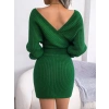 Kadın Uzun Kollu Kruvaze Geniş Yakalı Mini Triko Elbise
