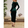 Kadın Uzun Kollu Kruvaze Yaka Belden Büzgü Detay Midi Kadife Elbise