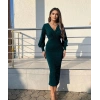 Kadın Uzun Kollu Kruvaze Yaka Büzgü Ve Balon Kol Detay Simli Krep Kumaş Maxi Boy Elbise