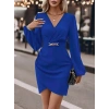 Kadın Uzun Kollu Kruvaze Yaka Yandan Büzgülü Asimetrik Detaylı Ithal Krep Mini Elbise