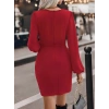 Kadın Uzun Kollu Kruvaze Yaka Yandan Büzgülü Asimetrik Detaylı Ithal Krep Mini Elbise