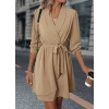 Kadın Uzun Kollu Kruvaze Yakalı Belden Kuşaklı Mini çift Katlı Ithal Krep Elbise